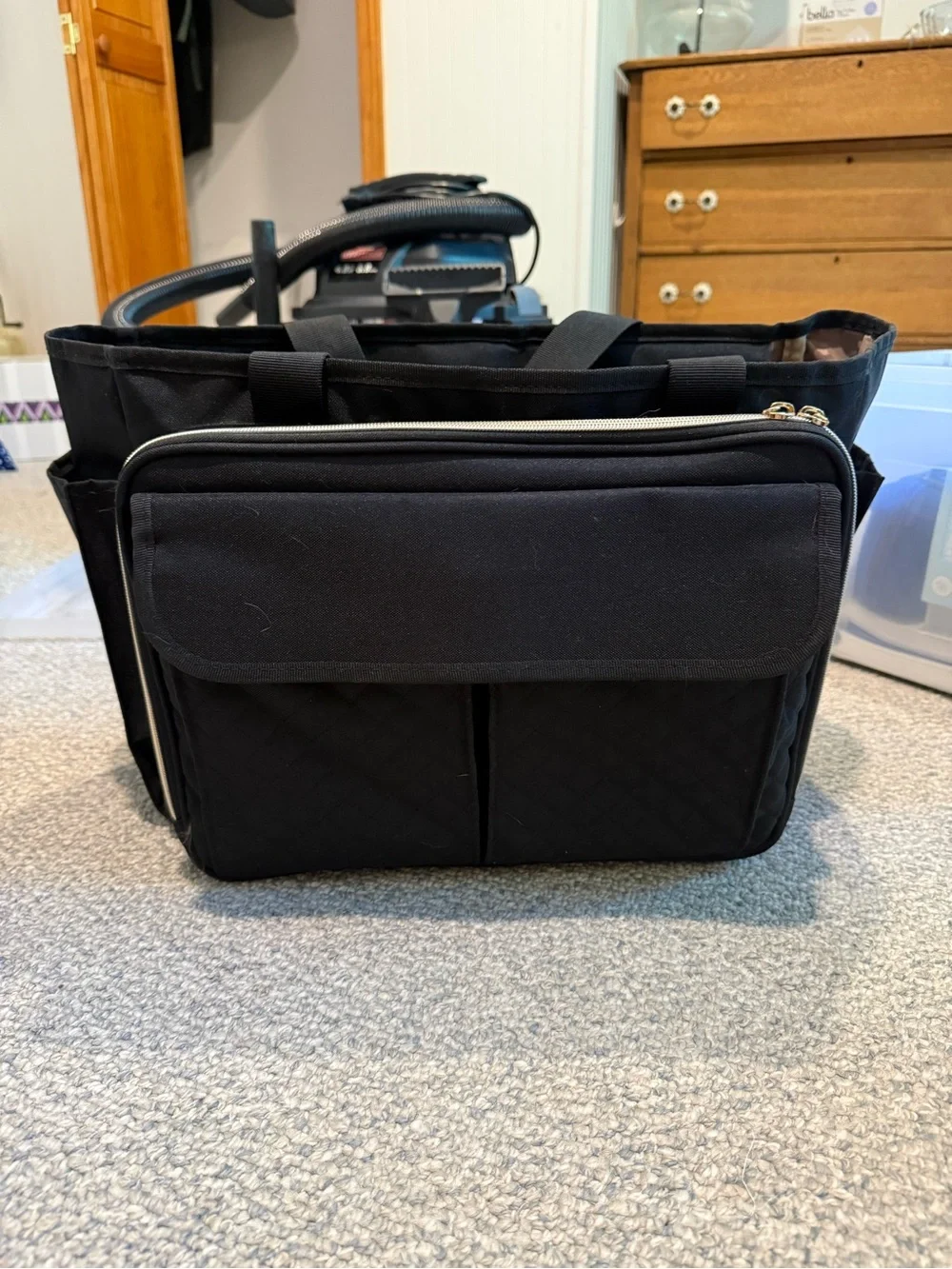 Black Quilted Laptop Tote Bag with Front Organizer Pocket